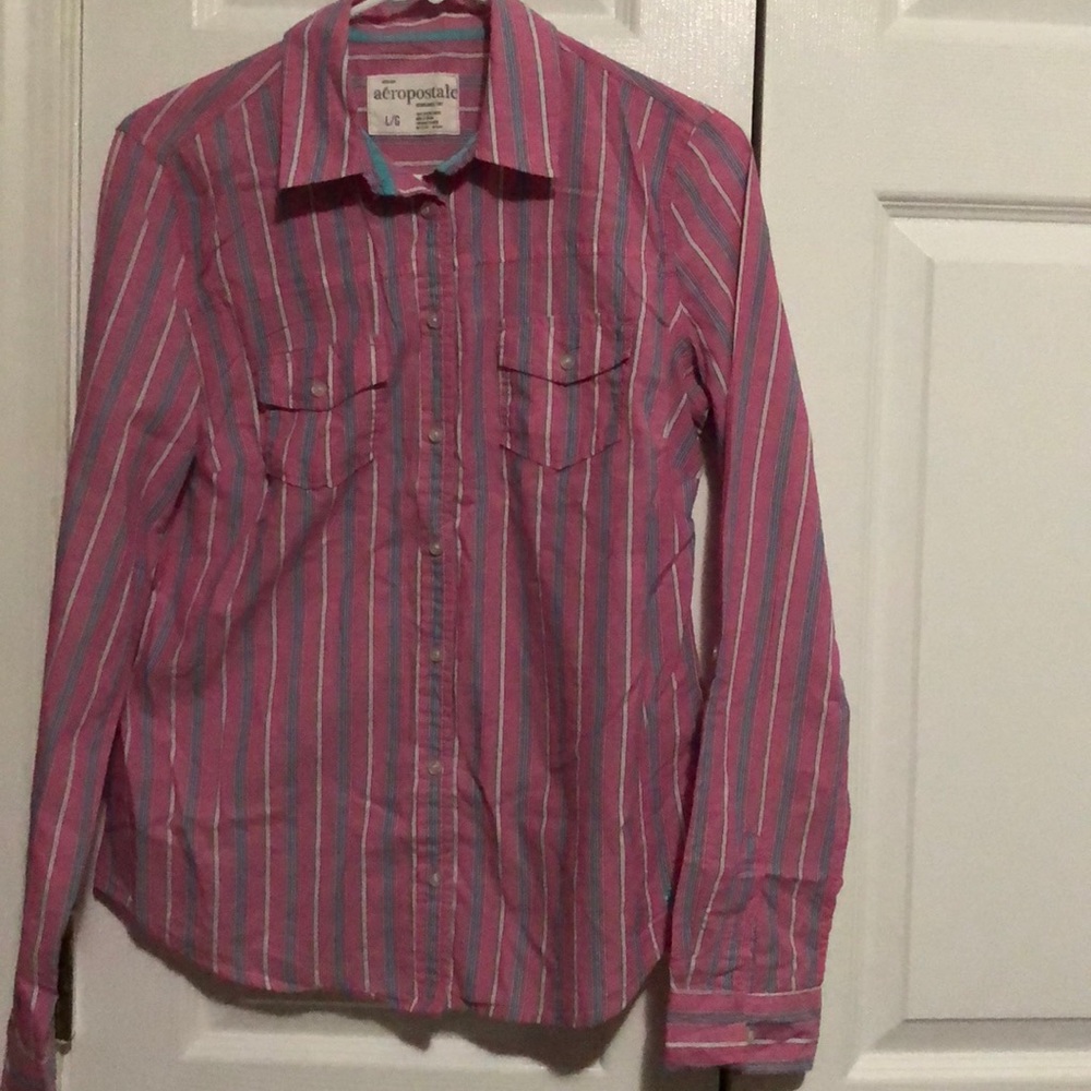 Pink and blue striped long sleeve shirt